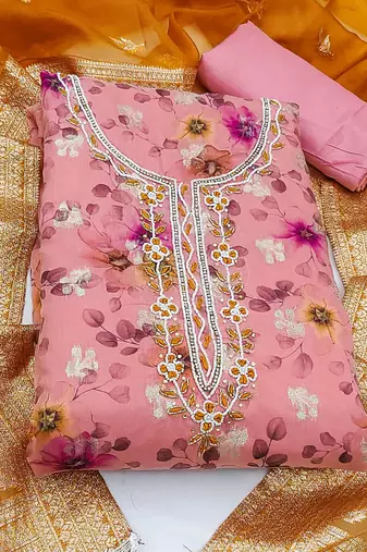 pink organza hand embroidery dress material