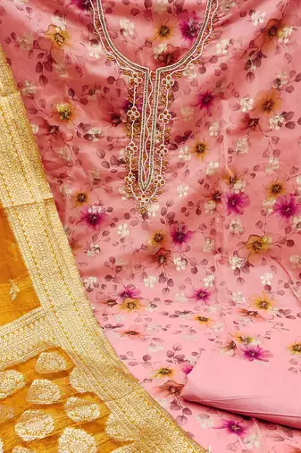 pink organza hand embroidery dress material