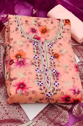 peach organza hand embroidery dress material