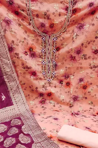peach organza hand embroidery dress material