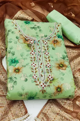 green organza hand embroidery dress material