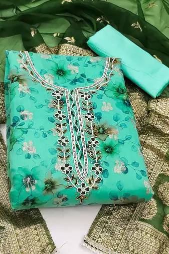 sea green organza hand embroidery dress material