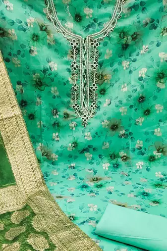 sea green organza hand embroidery dress material