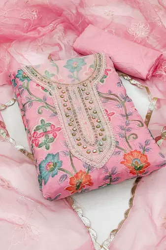 pink organza hand embroidery dress material