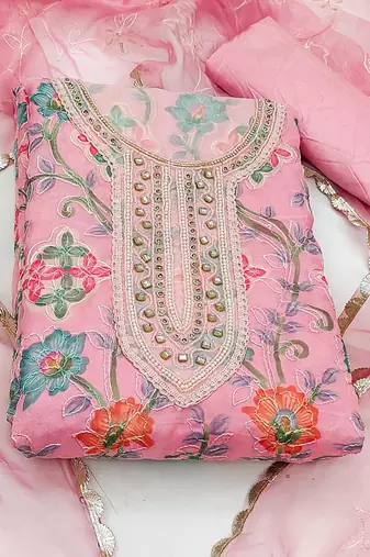 pink organza hand embroidery dress material