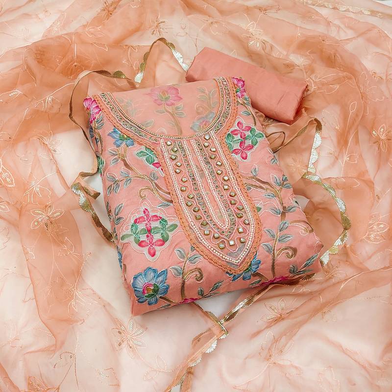 peach organza hand embroidery dress material