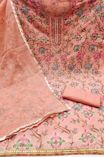 peach organza hand embroidery dress material