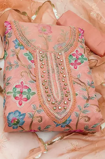 peach organza hand embroidery dress material