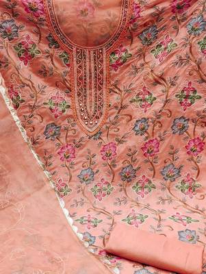 peach organza hand embroidery dress material 4