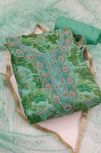 green organza hand embroidery dress material