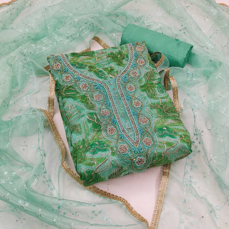 green organza hand embroidery dress material