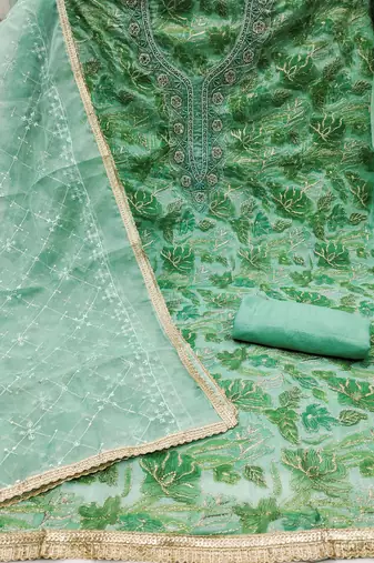 green organza hand embroidery dress material