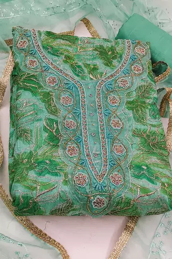 green organza hand embroidery dress material