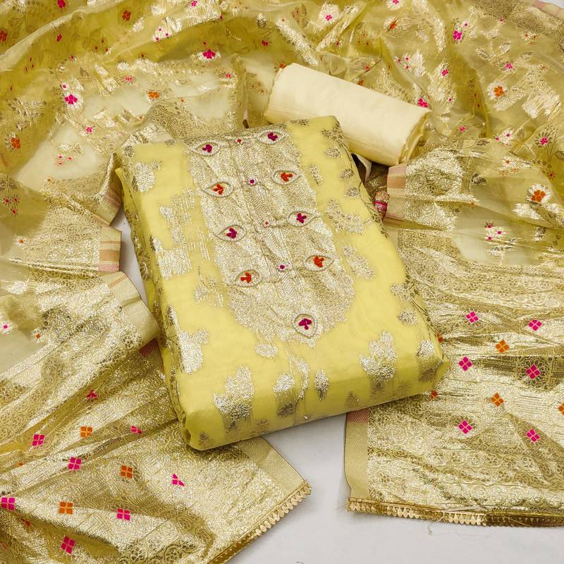 yellow jacquard woven dress material