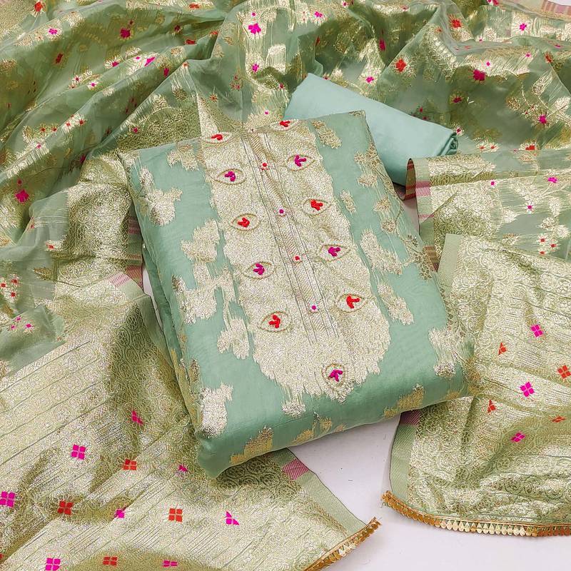 sea green jacquard woven dress material