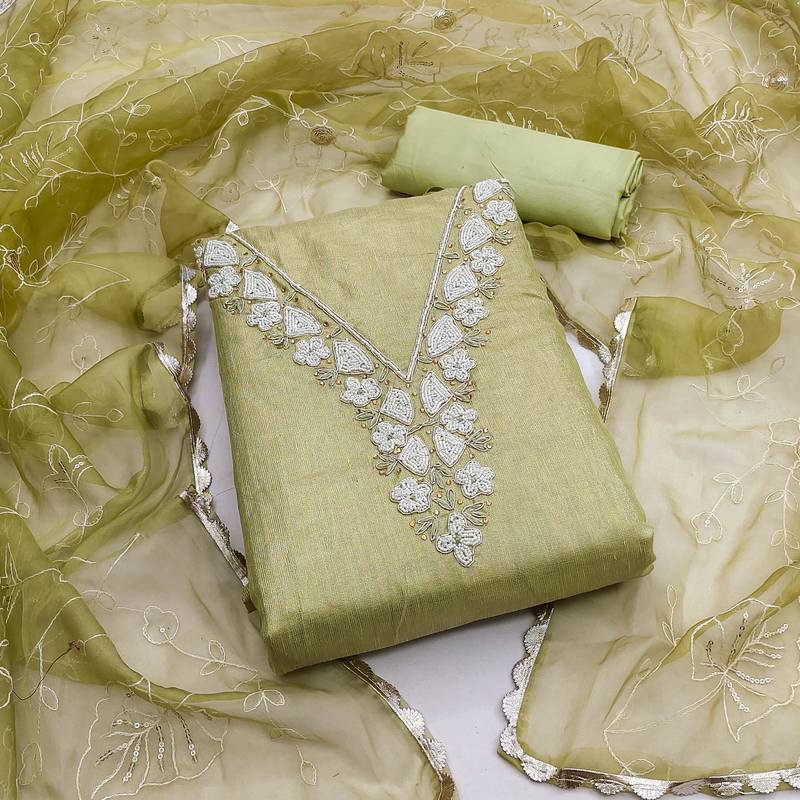 olive cotton hand embroidery dress material