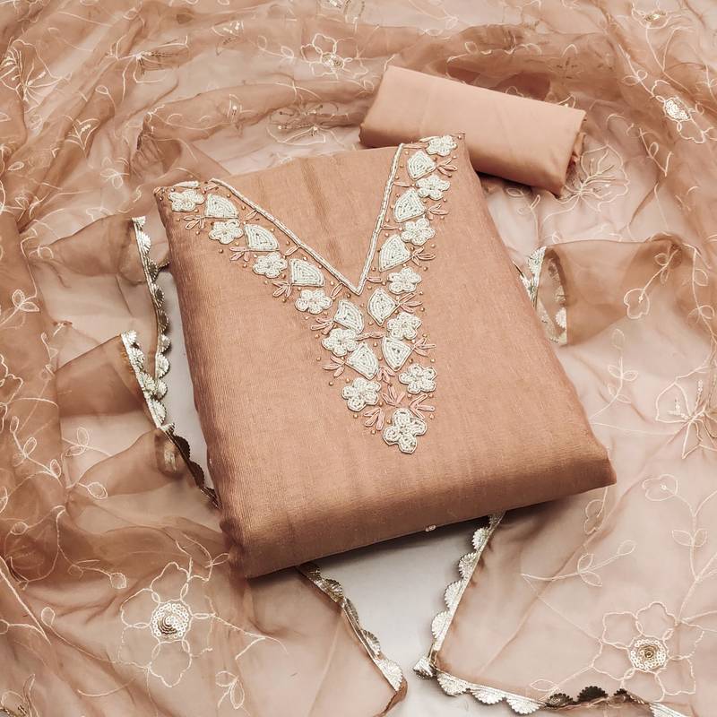 peach cotton hand embroidery dress material
