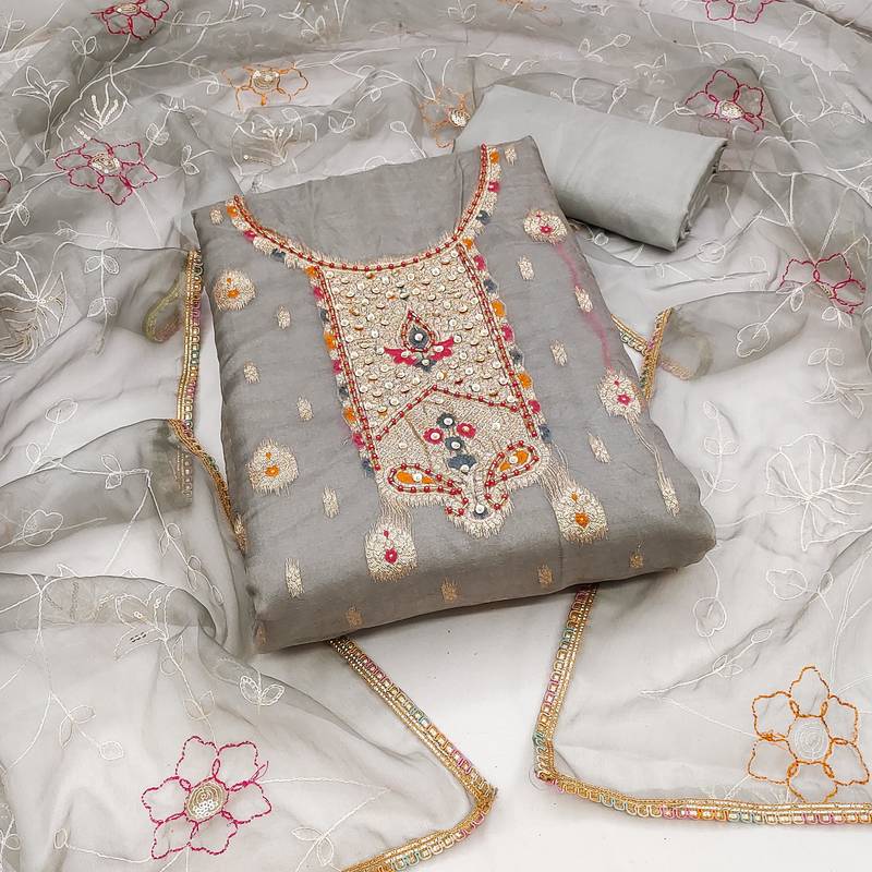 grey organza woven dress material