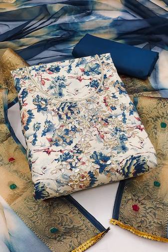 cream cotton hand embroidery dress material