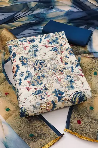 cream cotton hand embroidery dress material