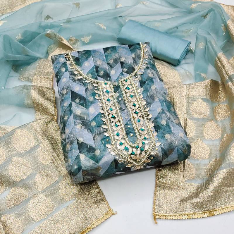 teal organza woven dress material