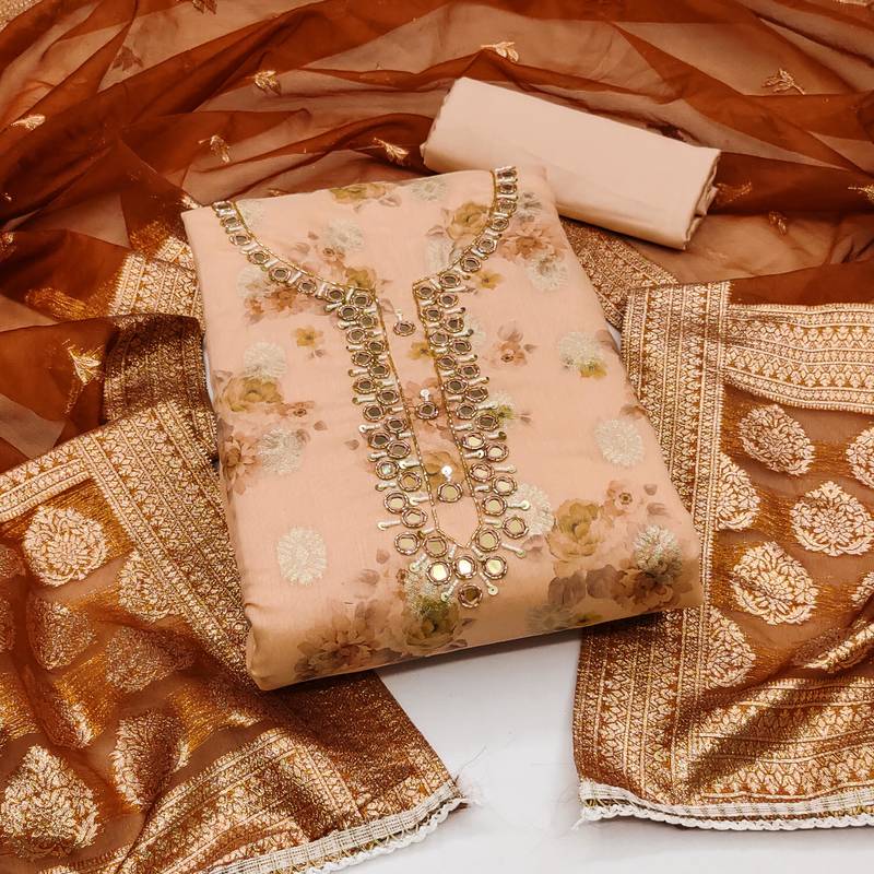 peach cotton hand embroidery dress material