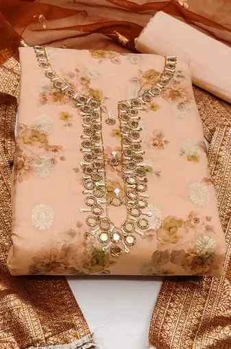 peach cotton hand embroidery dress material