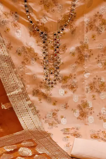 peach cotton hand embroidery dress material