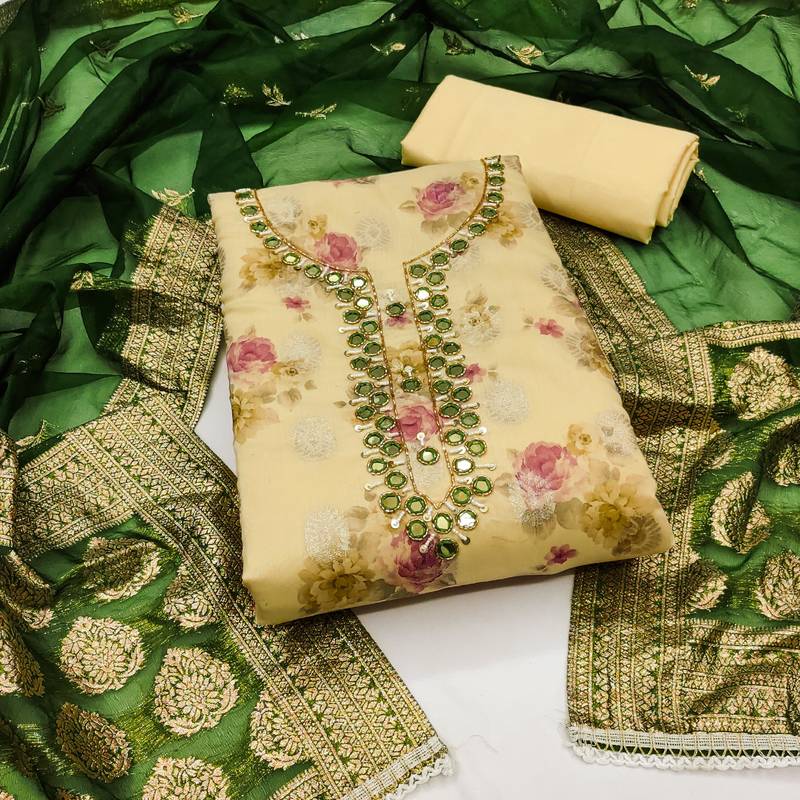 yellow cotton hand embroidery dress material