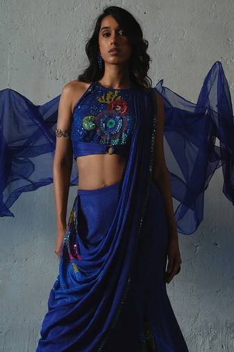 Blue embroidered chiffon saree