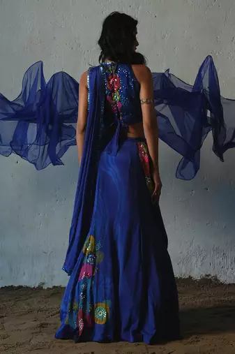 Blue embroidered chiffon saree