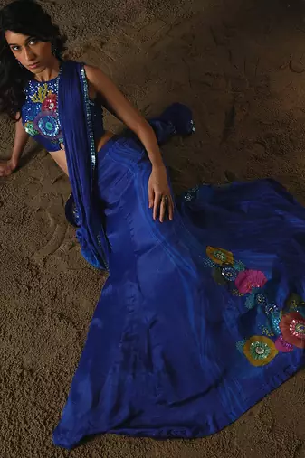 Blue embroidered chiffon saree