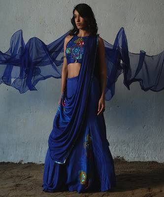 Blue embroidered chiffon saree 1