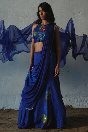 Blue embroidered chiffon saree