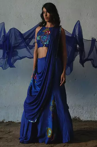 Blue embroidered chiffon saree