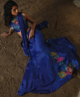 Blue embroidered chiffon saree 5