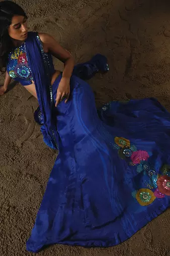 Blue embroidered chiffon saree