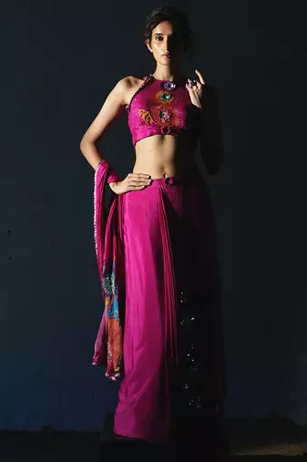 Pink embroidered chiffon saree