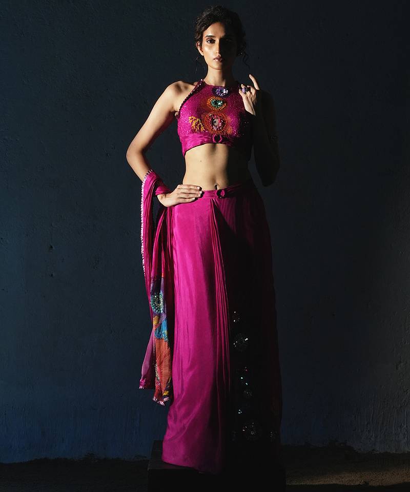 Pink embroidered chiffon saree