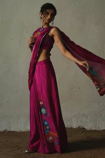 Pink embroidered chiffon saree