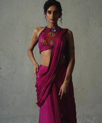 Pink embroidered chiffon saree 3
