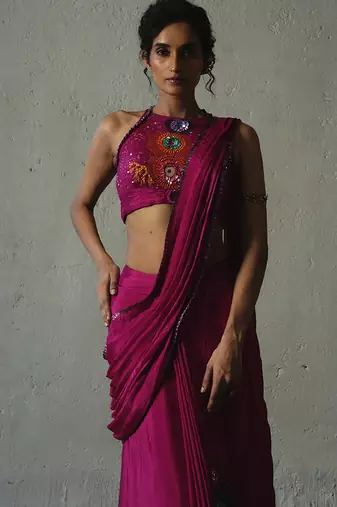 Pink embroidered chiffon saree