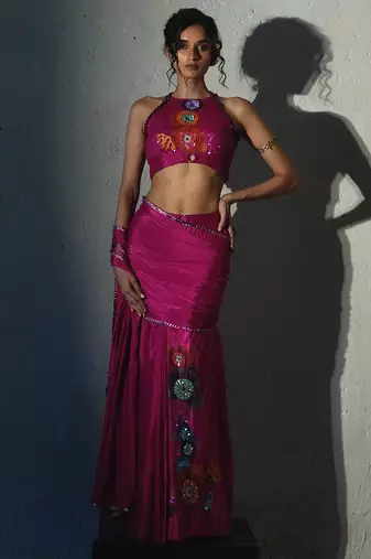 Pink embroidered chiffon saree