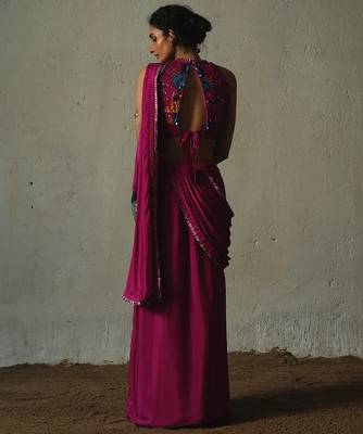 Pink embroidered chiffon saree 5