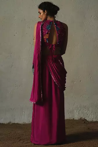 Pink embroidered chiffon saree