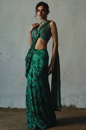 Green embroidered chiffon saree