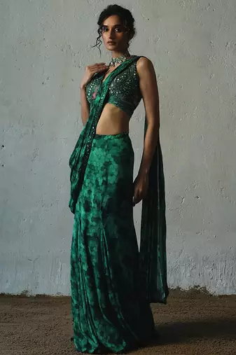 Green embroidered chiffon saree