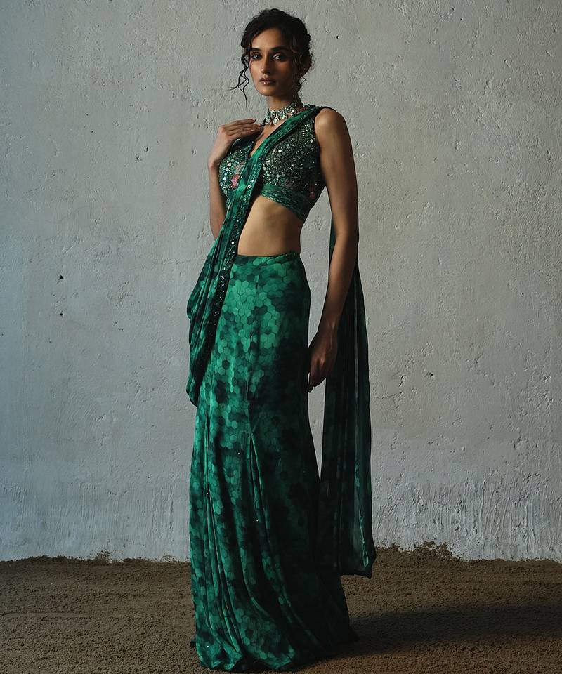 Green embroidered chiffon saree
