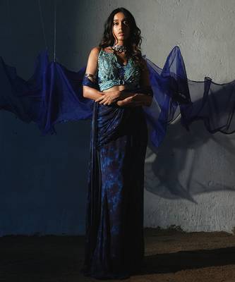 Blue embroidered chiffon saree 1