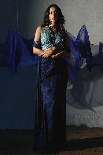 Blue embroidered chiffon saree